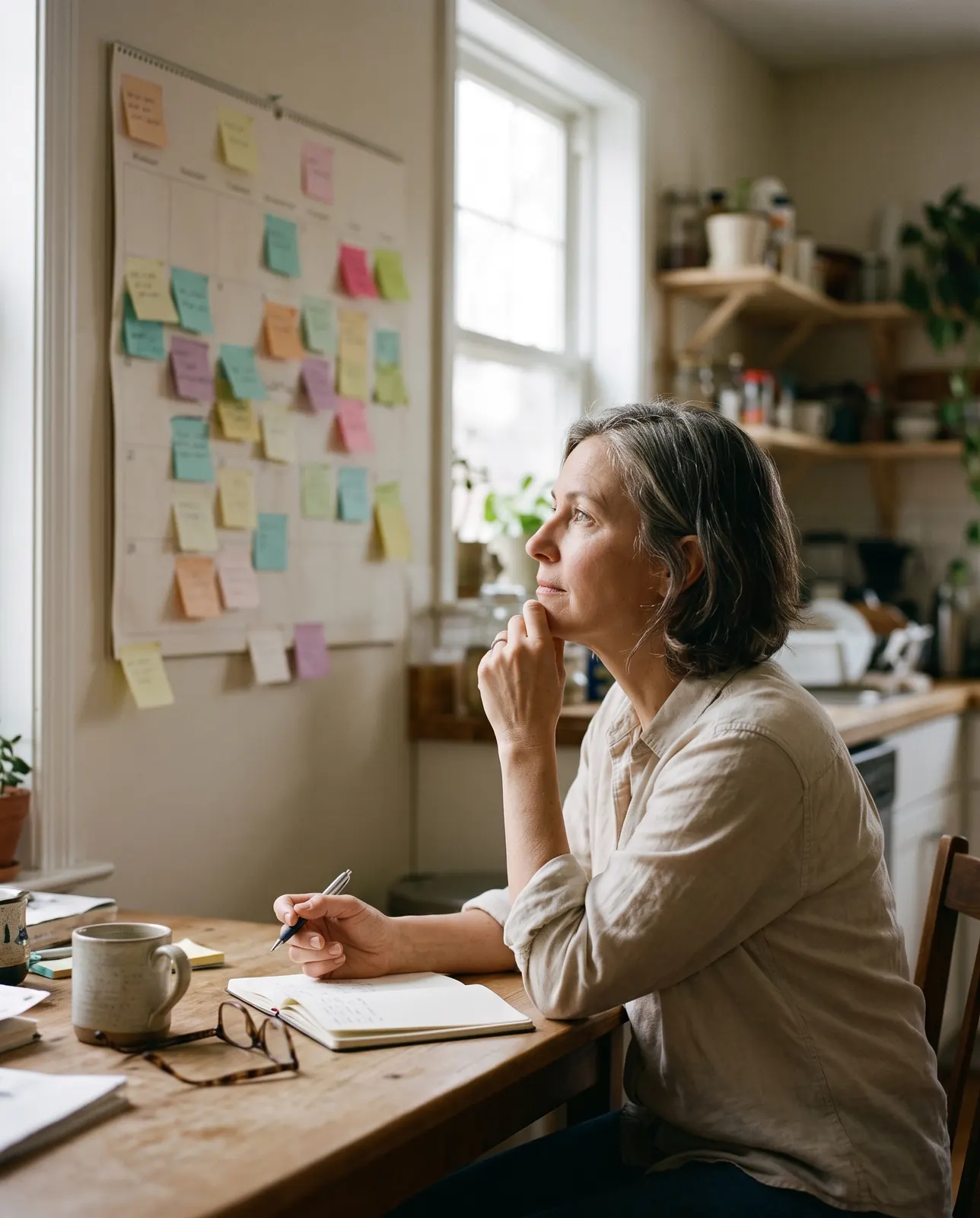 Adult pausing at a kitchen table in front of a calendar covered in sticky notes